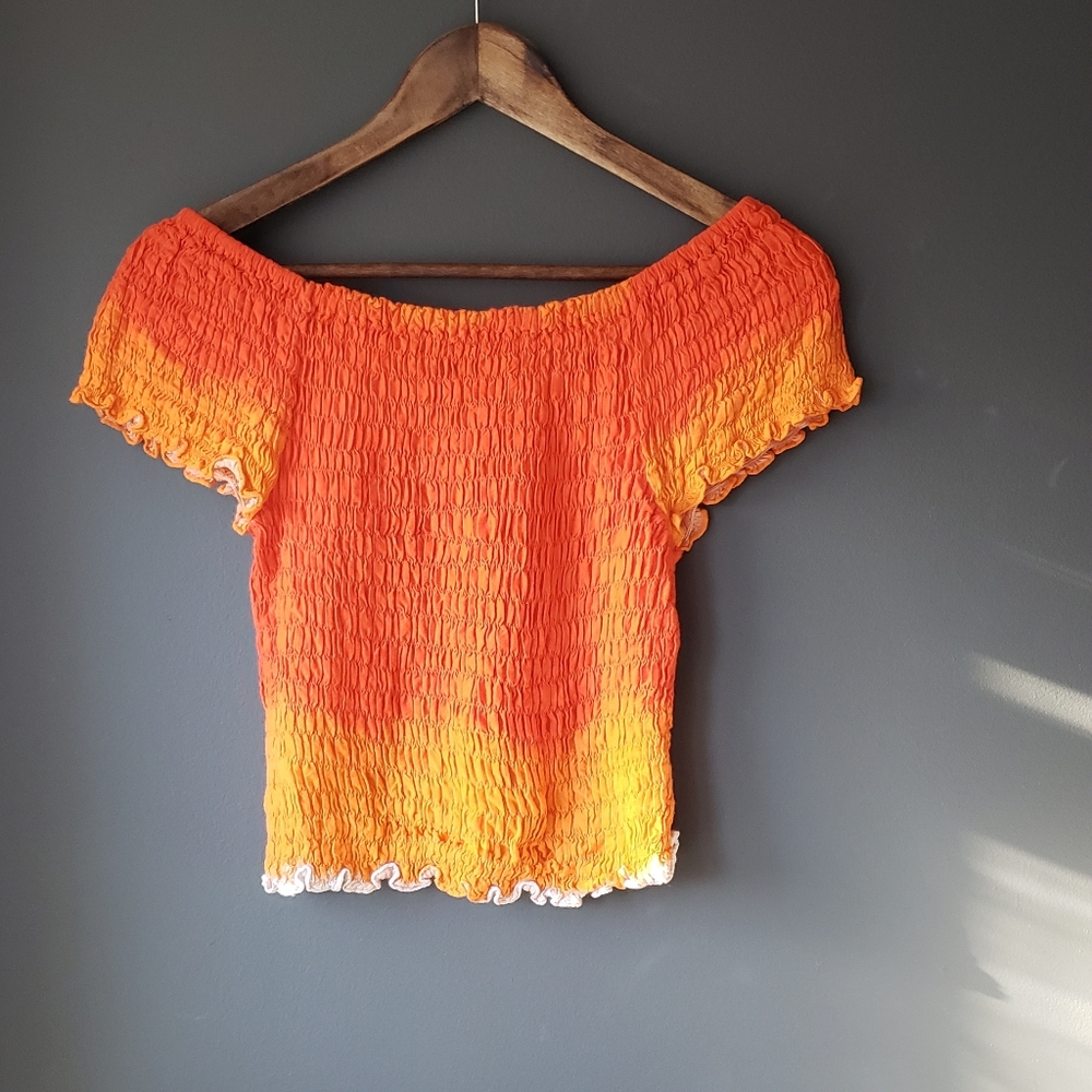 Vintage Sunset Orange Ombre Batik Stretch Crop Top